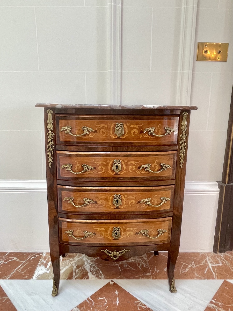 Petite commode chiffonnière en marqueterie, style Transition, XIXᵉ siècle-photo-6