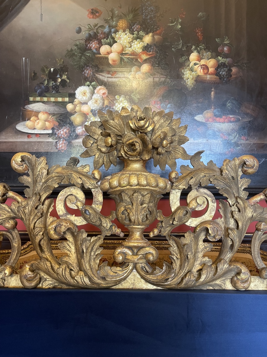 Grande tête de lit baroque en bois sculpté et doré du XIXe siècle – Velours bleu neuf – 200 cm-photo-1