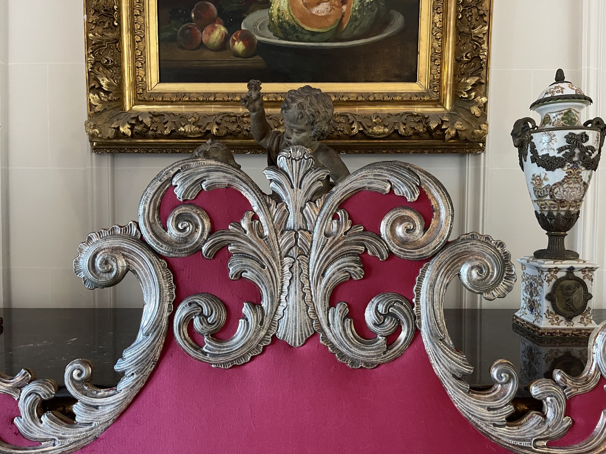 Baroque Headboard In New Red Velvet, With Silver-plated Scrollwork, Early 20th Century-photo-3