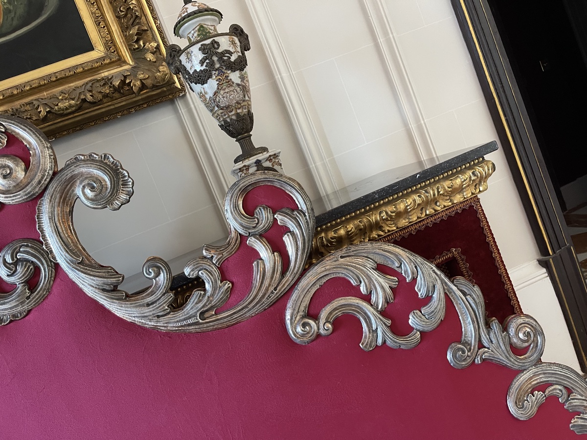 Baroque Headboard In New Red Velvet, With Silver-plated Scrollwork, Early 20th Century-photo-4