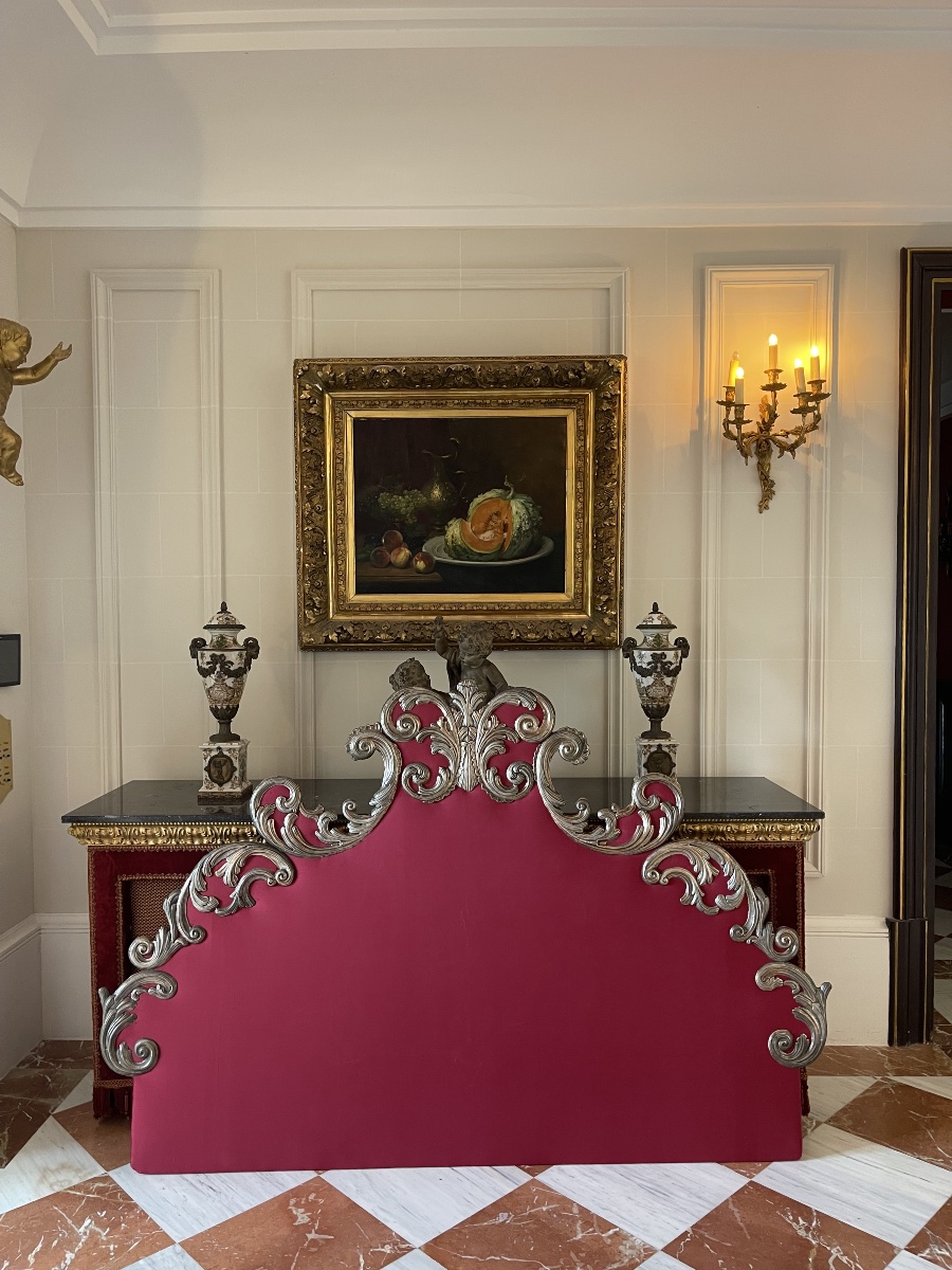 Baroque Headboard In New Red Velvet, With Silver-plated Scrollwork, Early 20th Century