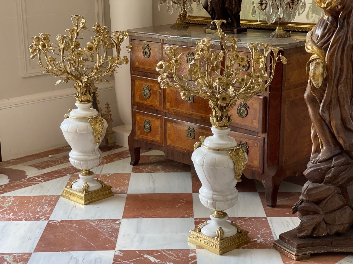 Huge Pair Of Candelabra In Marble And Gilt Bronze.