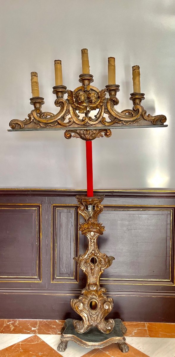 Grand Pique-cierges/chandelier/candélabre En Bois Sculpté Et Doré, à Cinq Feux. -photo-2