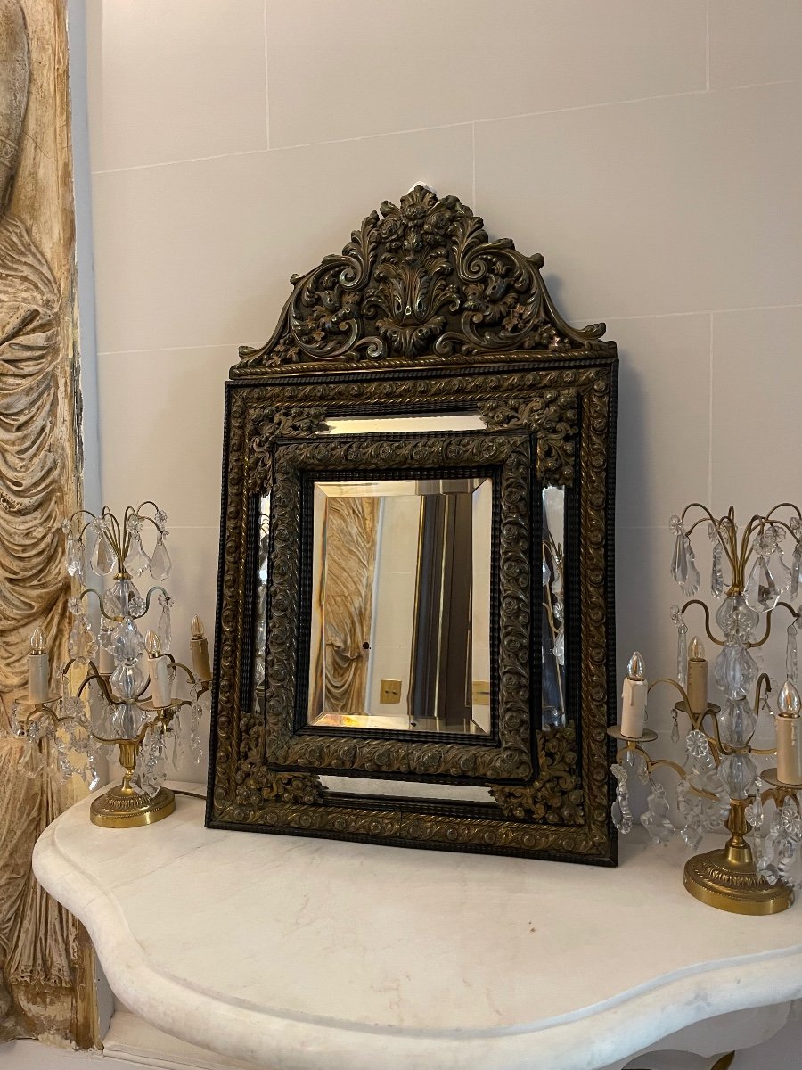 Pediment Mirror In Golden Copper Repoussé XIX-photo-3