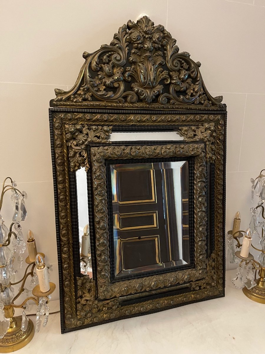 Pediment Mirror In Golden Copper Repoussé XIX-photo-1