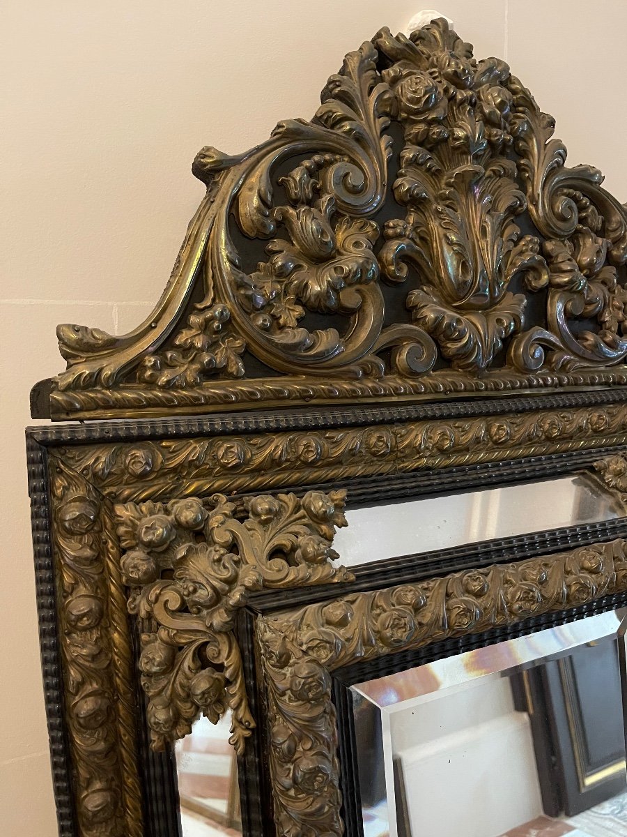 Pediment Mirror In Golden Copper Repoussé XIX-photo-3