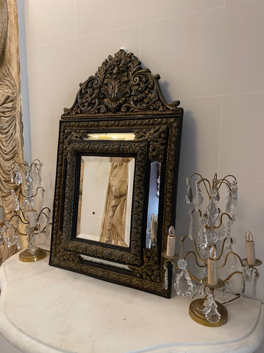 Pediment Mirror In Golden Copper Repoussé XIX-photo-5