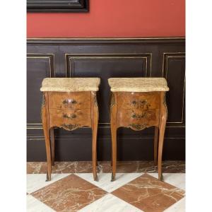 Pair Of Louis XV Style Bedside Tables In Marquetry And Gilt Bronze, Marble Top