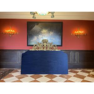 Large 19th-century Baroque Headboard Made Of Carved And Gilded Wood – New Blue Velvet – 200 Cm