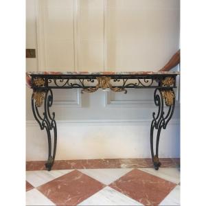 Console In Wrought Iron And Marble Attributed To Gilbert Poillerat Circa 1940.