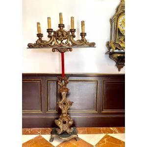 Large Picnic Candles / Chandelier / Candelabra In Carved And Gilded Wood, With Five Lights.