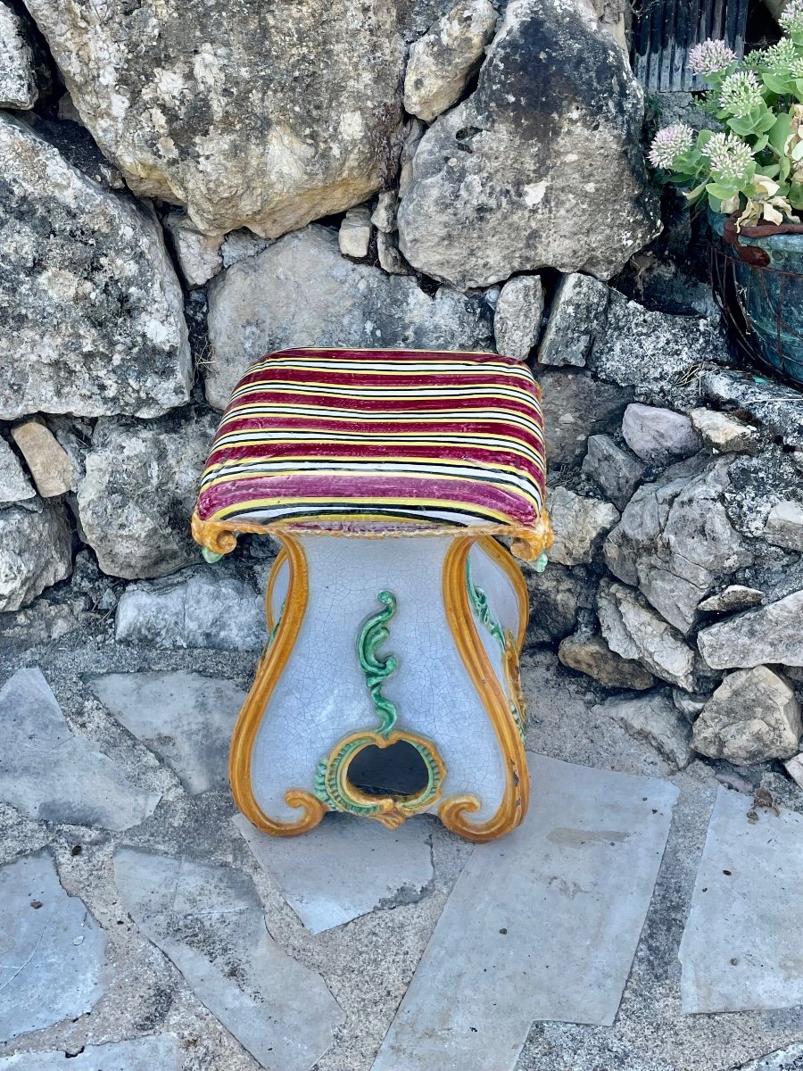 Little Stool In Hand-painted Polychrome Céramique .20 Th - Century.-photo-3