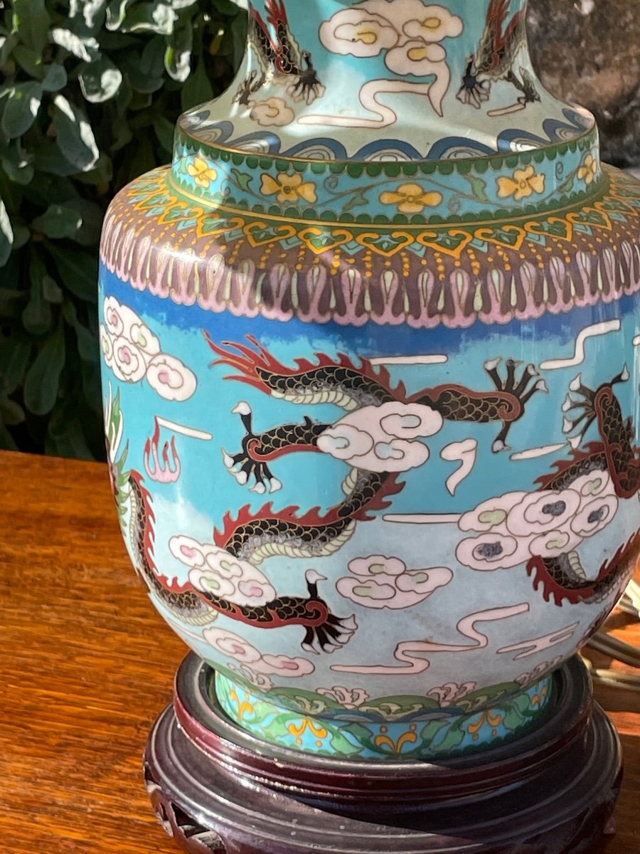 Lampe En Porcelaine Chinoise Avec Son Abat Jour En Peau époque XXeme Siècle -photo-4