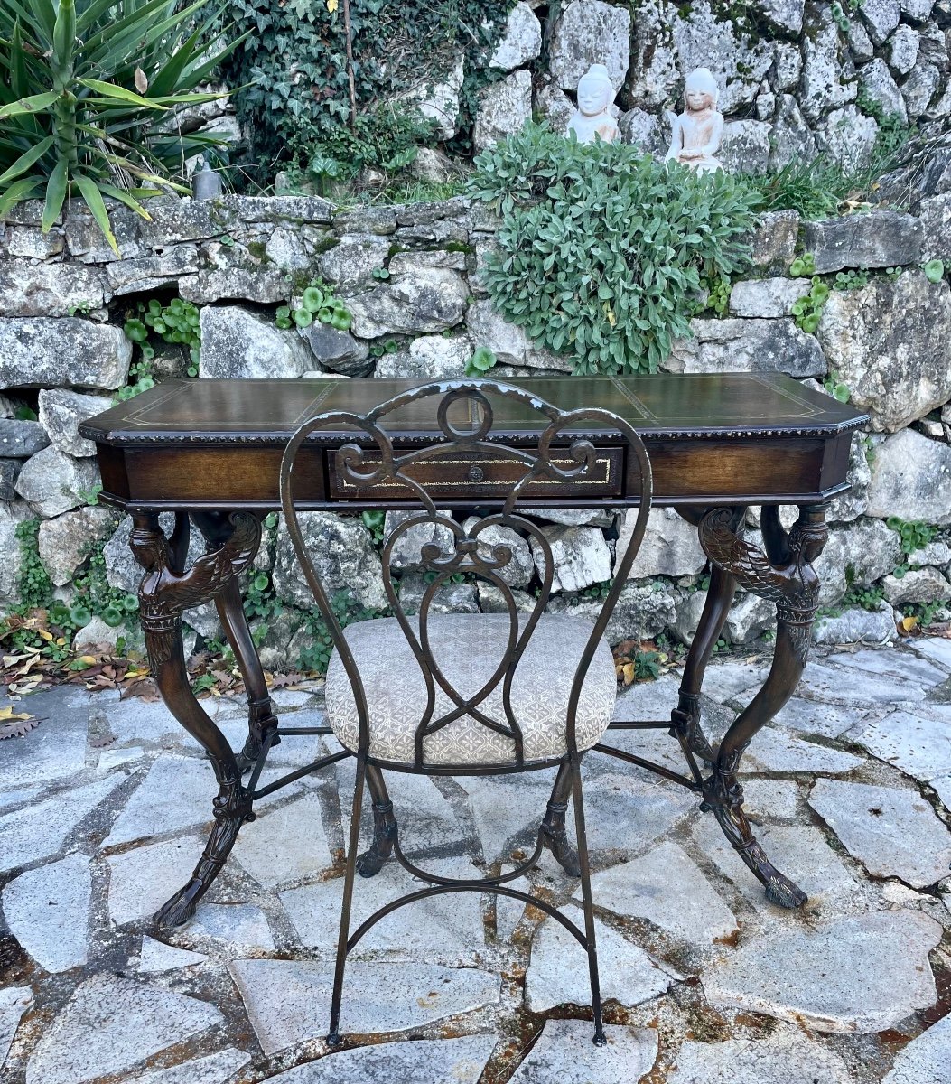 Magnifique Bureau  en Fonte et bois Avec Sa Chaise à  Décor De Sphinges  XXeme Eme Siècle -photo-2