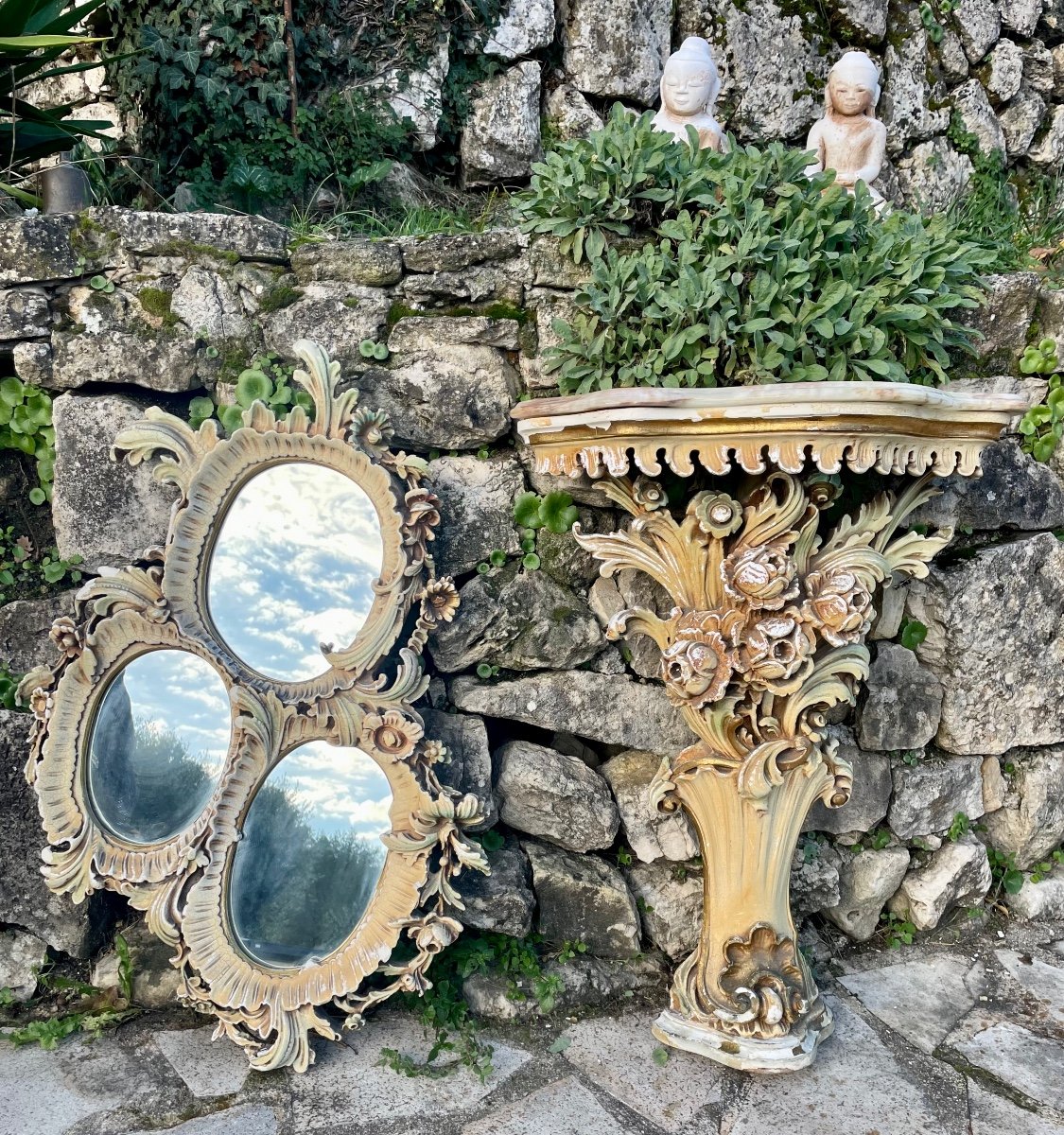 Console Vénitienne en céramique Avec Son Miroir époque XX Eme Siècle 