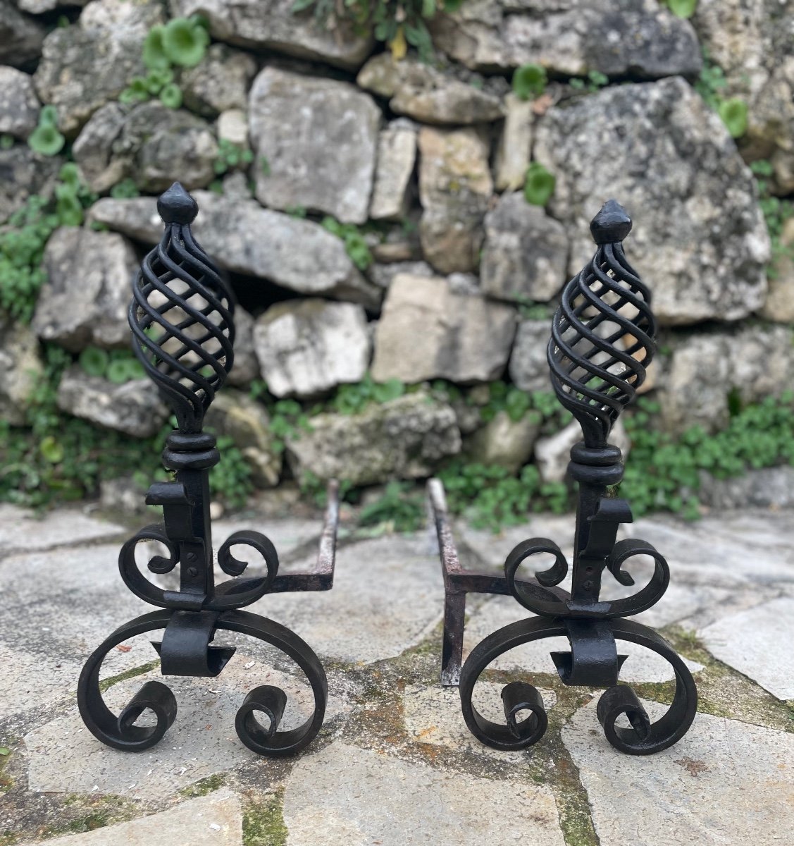 Paire De Chenets En Fer Forgé époque XIX Eme Siècle -photo-2