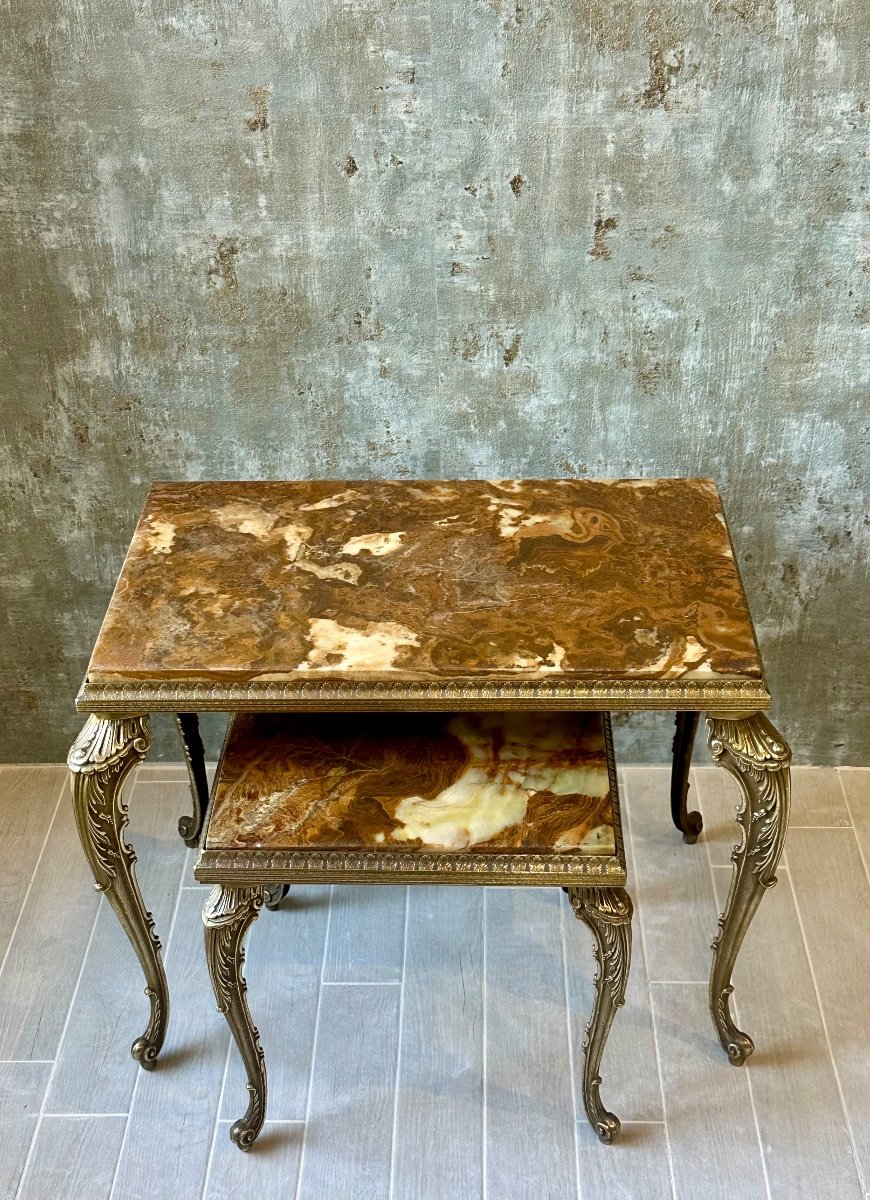 Suite De 2 Tables Gigogne En Laiton Doré Et Onyx Vers 1950-photo-4