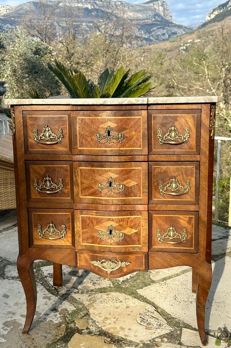 Small Marquetry Chest Of Drawers With Central Steps, 19th Century -photo-2