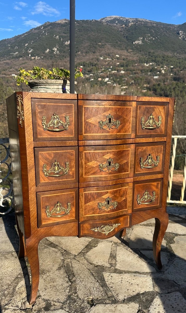 Small Marquetry Chest Of Drawers With Central Steps, 19th Century -photo-5
