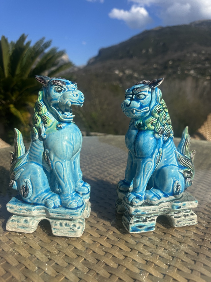 Pair Of Komainu Or Lion Dogs In Glazed Ceramic, 20th Century -photo-2
