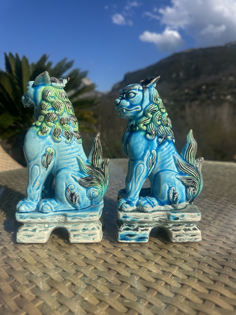 Pair Of Komainu Or Lion Dogs In Glazed Ceramic, 20th Century -photo-3