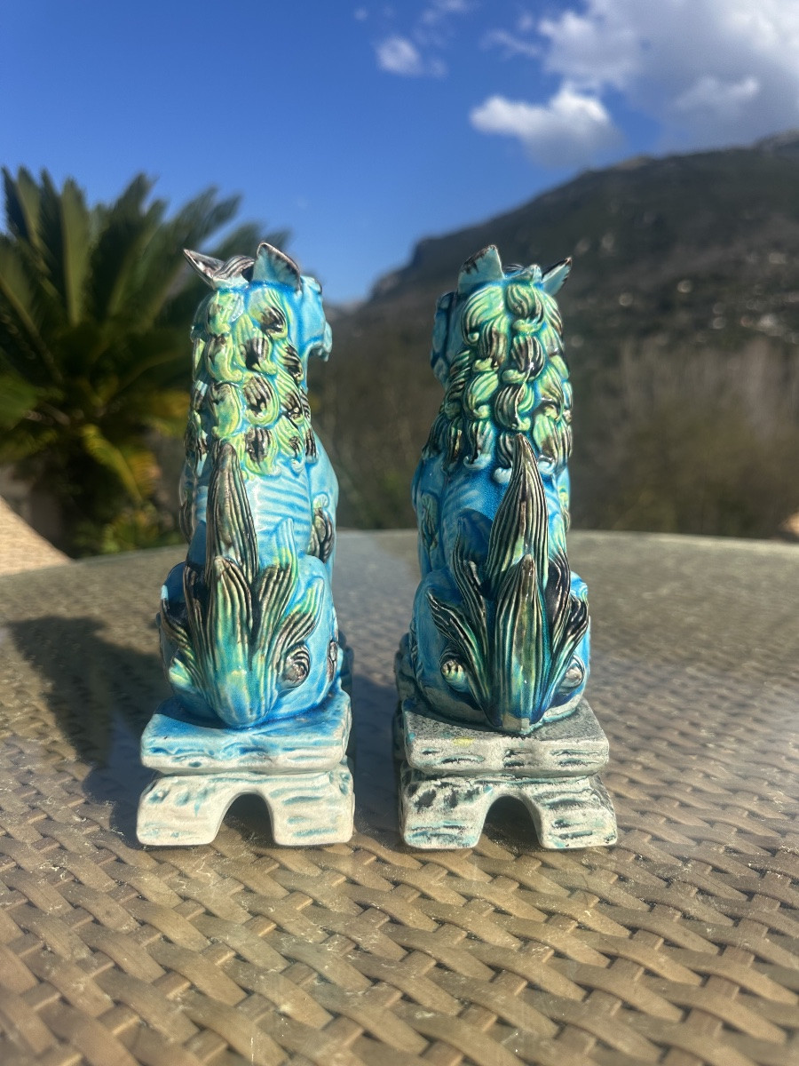 Pair Of Komainu Or Lion Dogs In Glazed Ceramic, 20th Century -photo-4