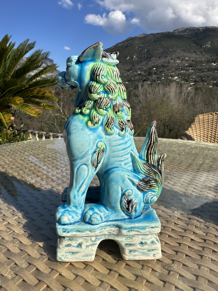 Pair Of Komainu Or Lion Dogs In Glazed Ceramic, 20th Century -photo-1