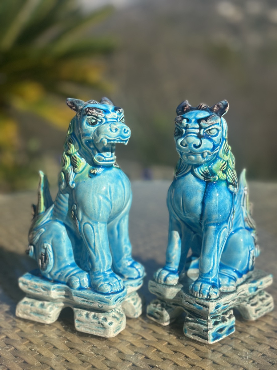 Pair Of Komainu Or Lion Dogs In Glazed Ceramic, 20th Century -photo-7