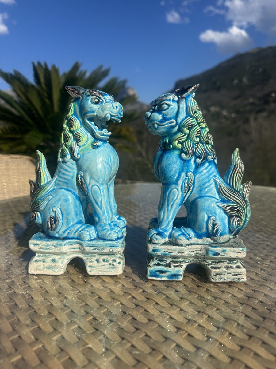 Pair Of Komainu Or Lion Dogs In Glazed Ceramic, 20th Century -photo-8