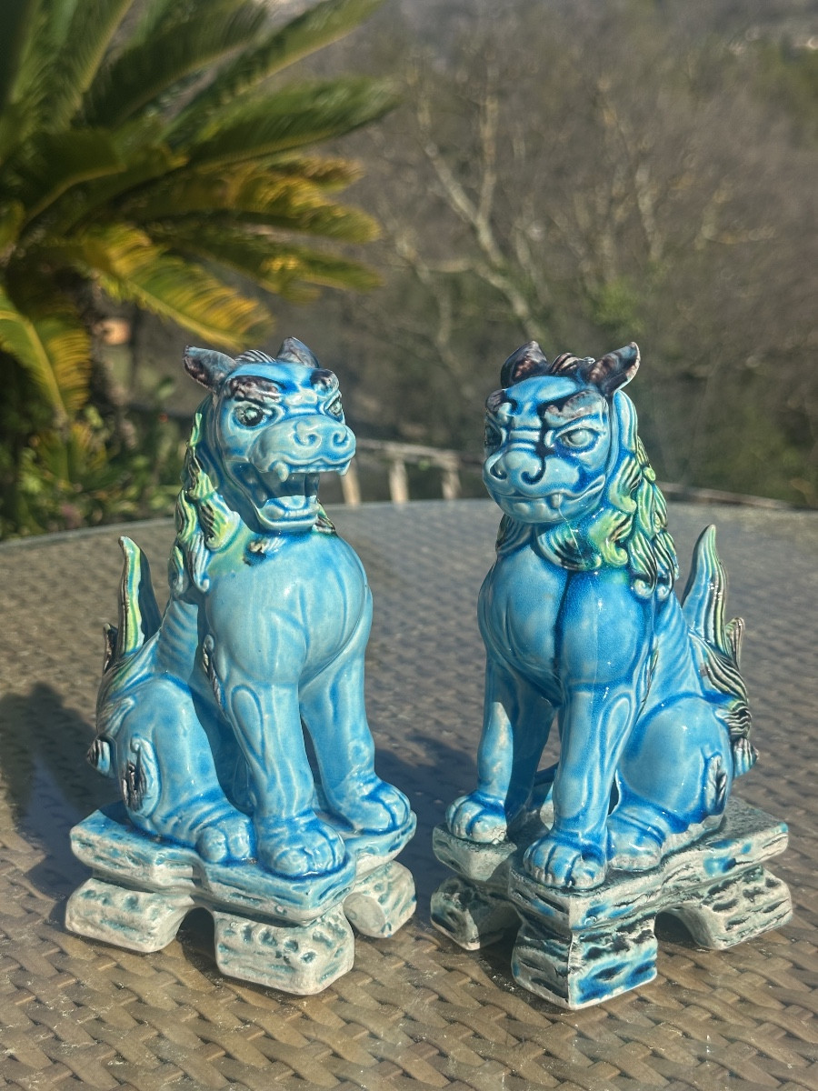 Pair Of Komainu Or Lion Dogs In Glazed Ceramic, 20th Century 