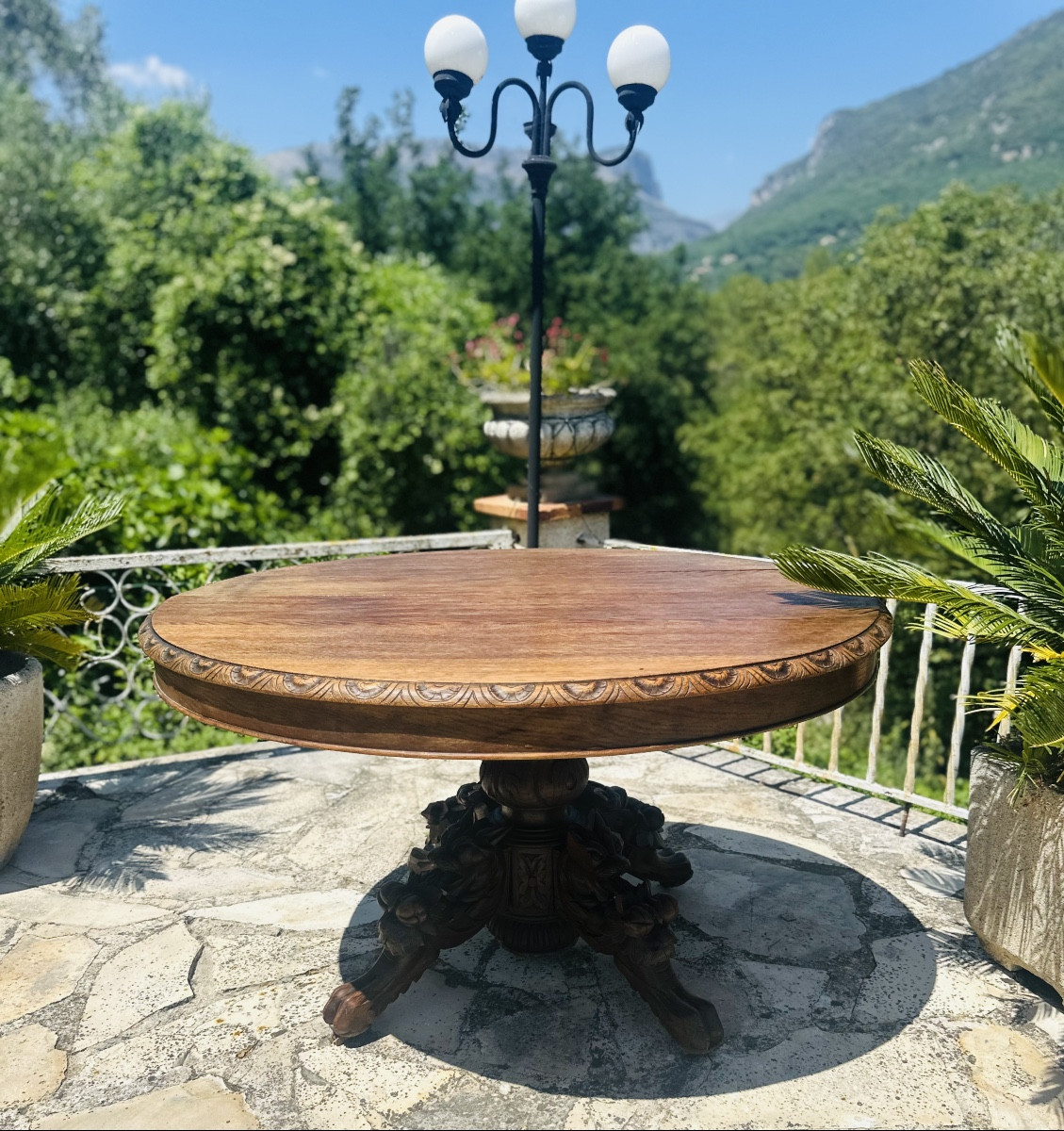 Oval Table In Solid Oak Carved In The Black Forest Style.-photo-6