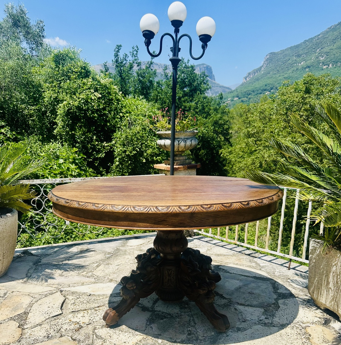 Oval Table In Solid Oak Carved In The Black Forest Style.