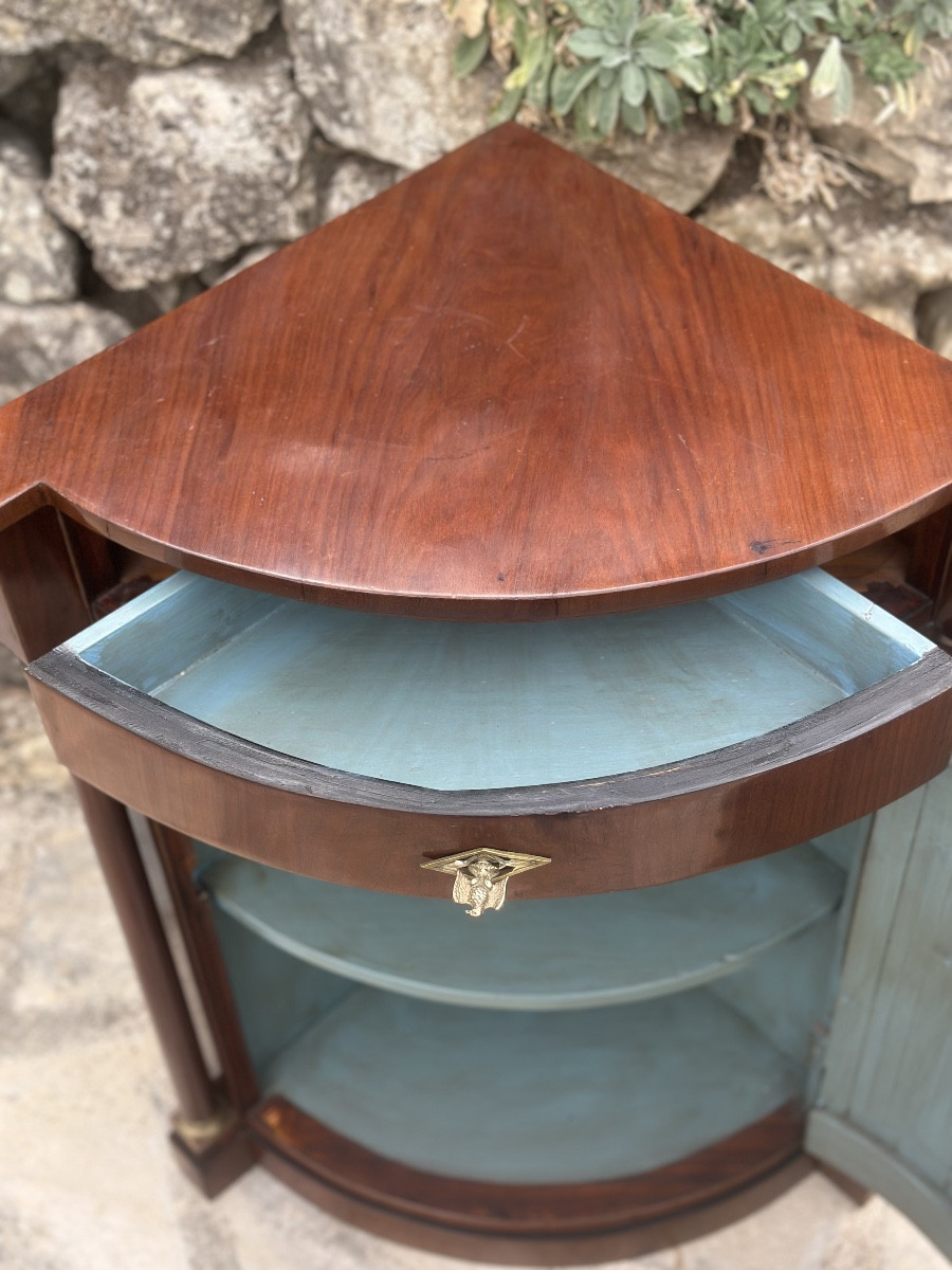 Small Corner Cupboard In Flamed Mahogany With Detached Columns, 19th Century.-photo-1