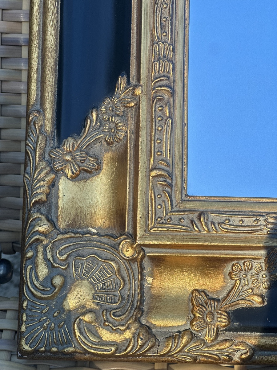 Miroir Baroque à poser ou à suspendre en bois doré sur fond noir -photo-1