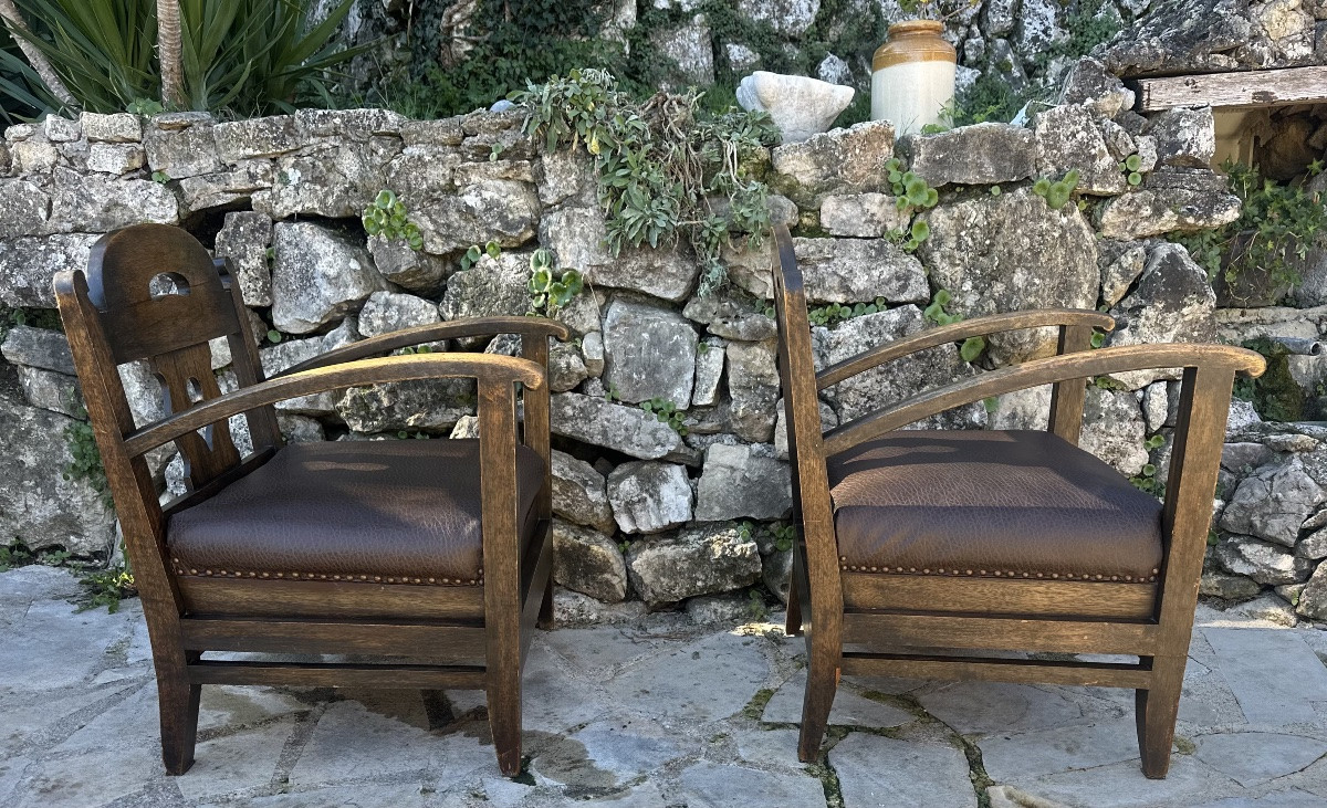 Pair Of Armchairs In Natural Wood And Leather, 20th Century -photo-2