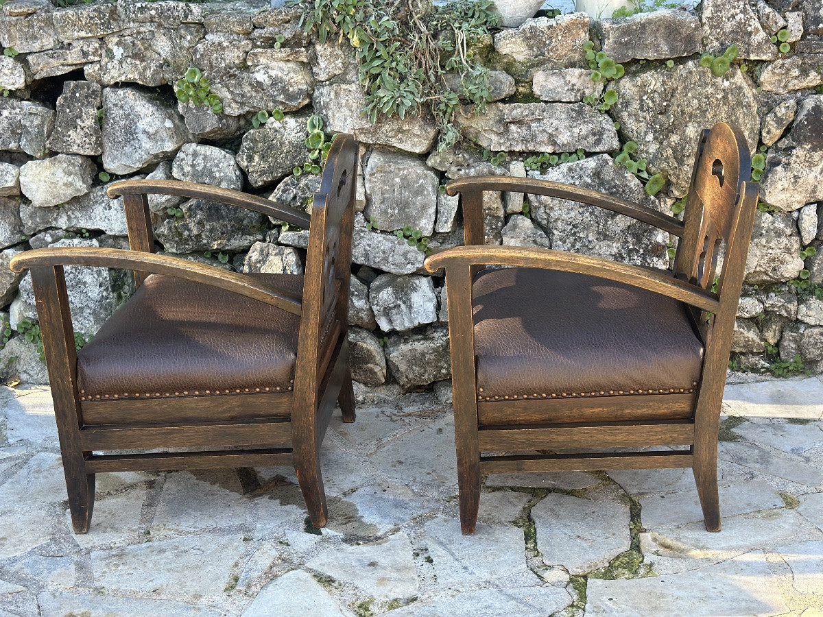 Pair Of Armchairs In Natural Wood And Leather, 20th Century -photo-3