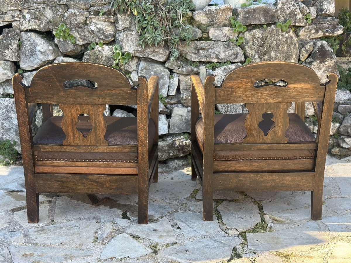 Pair Of Armchairs In Natural Wood And Leather, 20th Century -photo-4