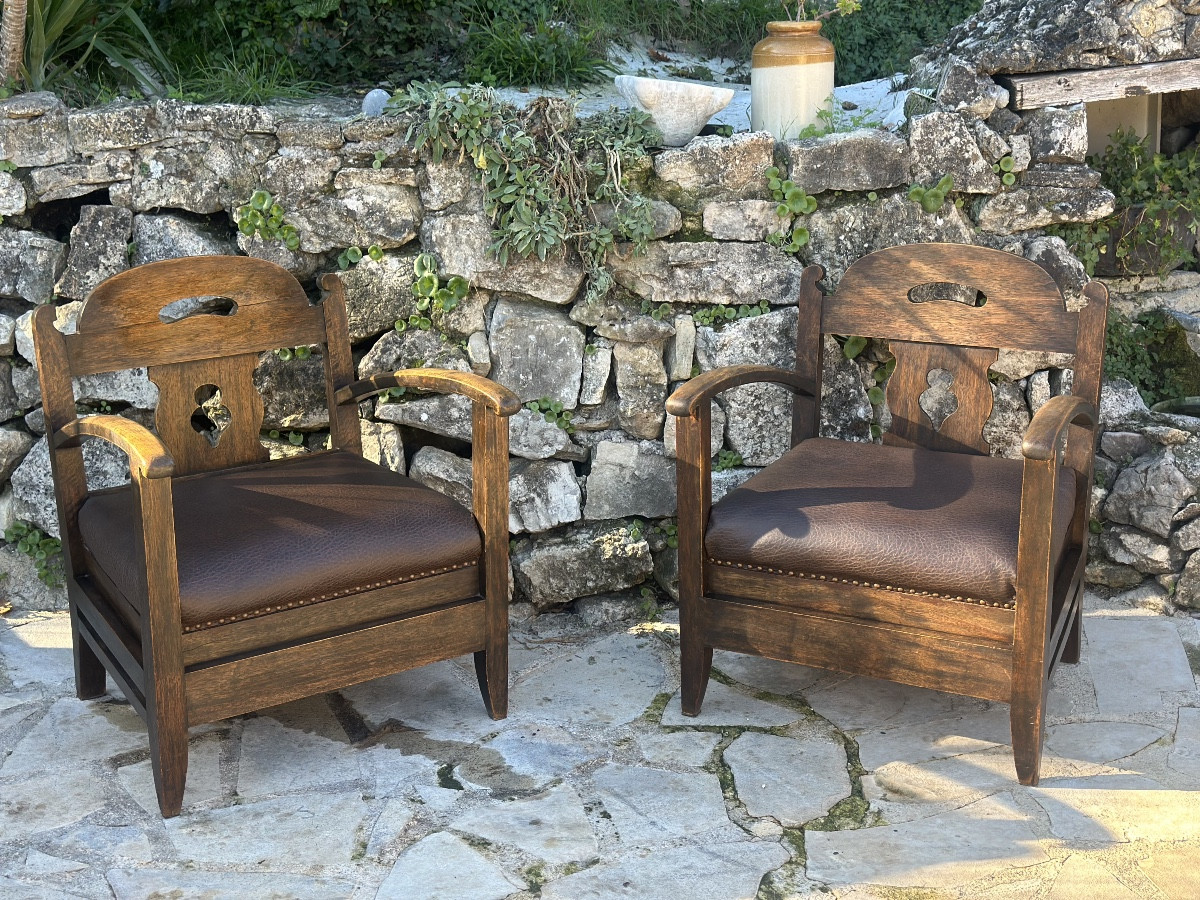 Pair Of Armchairs In Natural Wood And Leather, 20th Century -photo-1