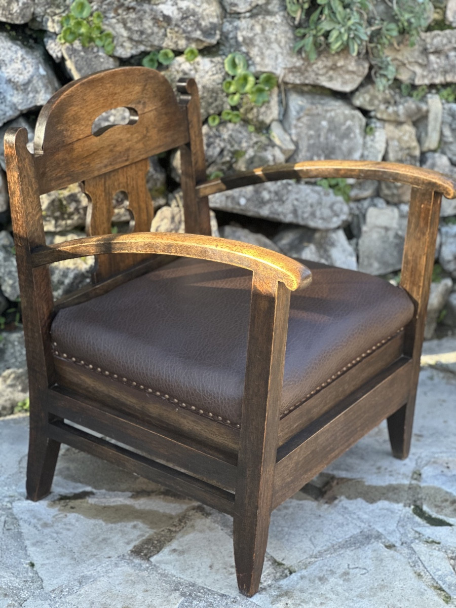Pair Of Armchairs In Natural Wood And Leather, 20th Century -photo-2