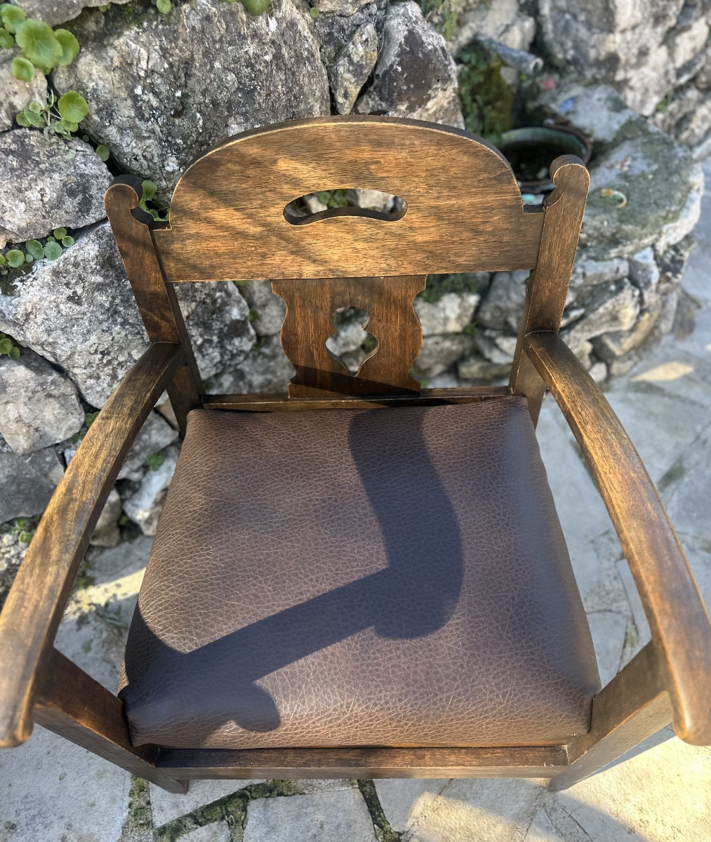 Pair Of Armchairs In Natural Wood And Leather, 20th Century -photo-4
