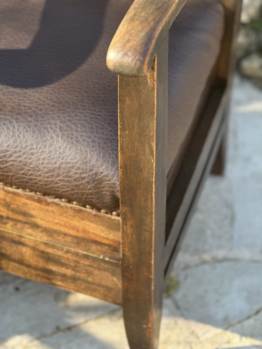 Pair Of Armchairs In Natural Wood And Leather, 20th Century -photo-5