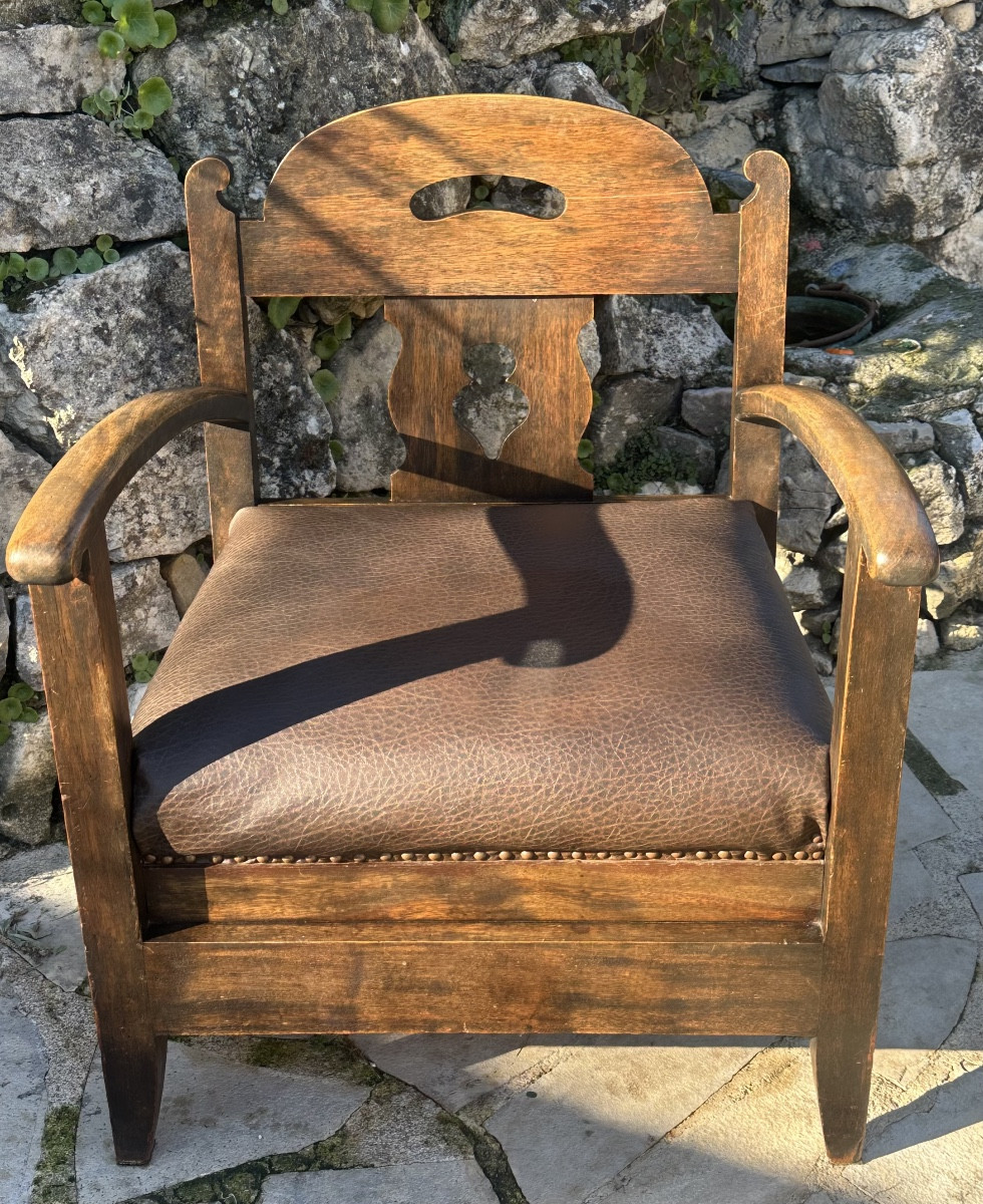 Pair Of Armchairs In Natural Wood And Leather, 20th Century -photo-7