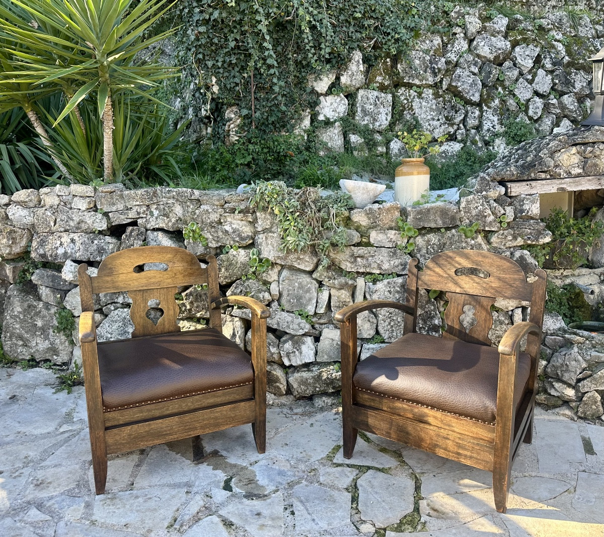 Pair Of Armchairs In Natural Wood And Leather, 20th Century 