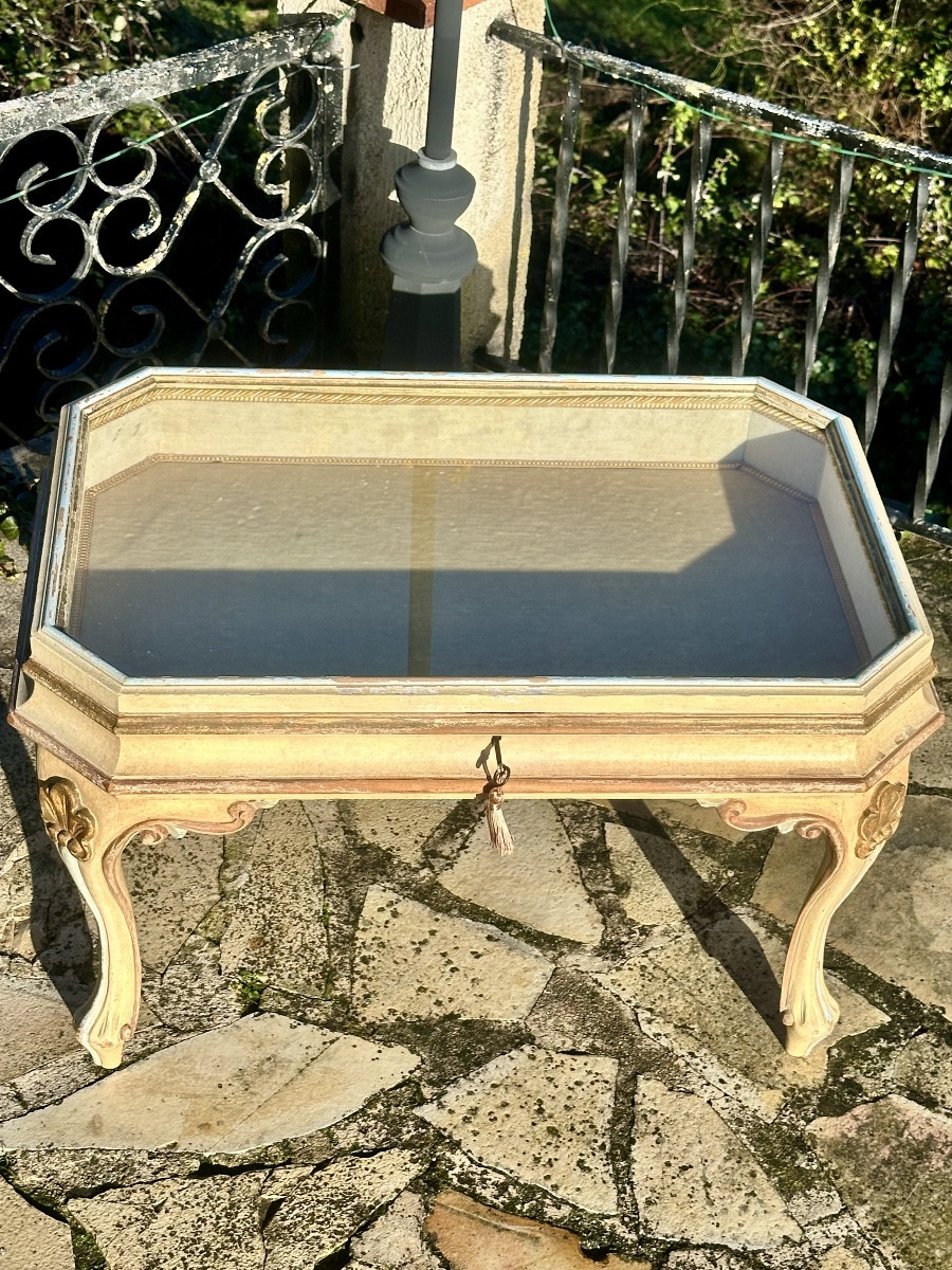 Table de salon / vitrine d’exposition de style Louis XV en bois peint polychrome Époque XX eme.-photo-5