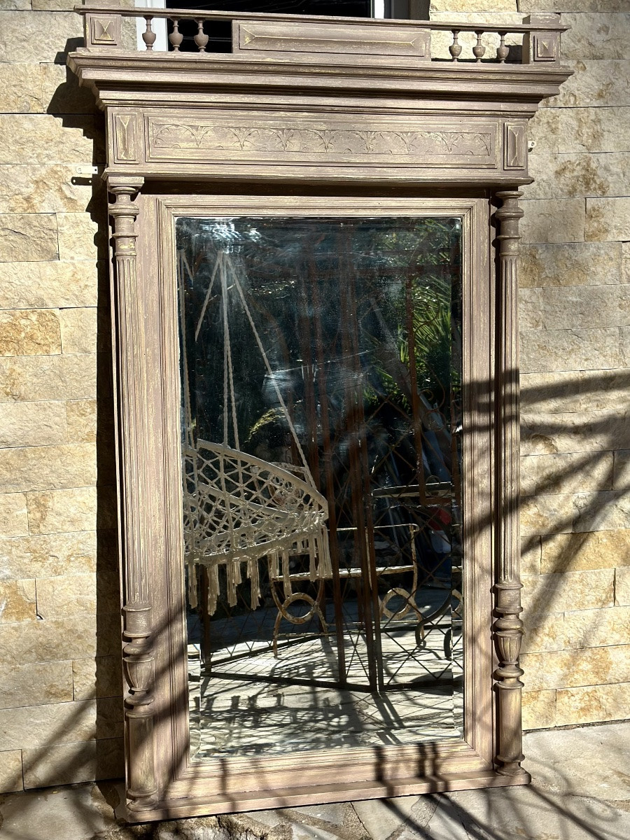 Imposant Miroir de cheminée en bois sculpté et peint Époque XIX eme siècle.-photo-3