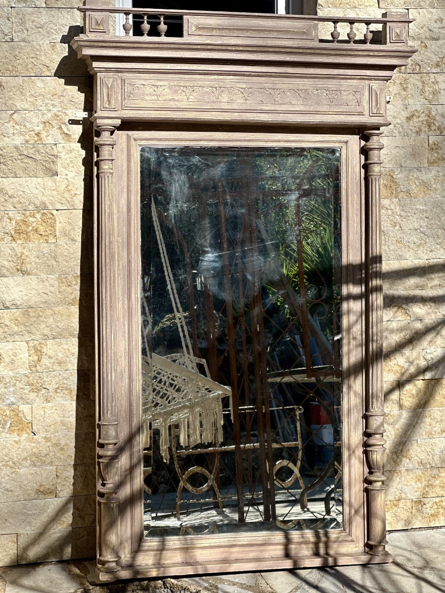 Imposant Miroir de cheminée en bois sculpté et peint Époque XIX eme siècle.-photo-1