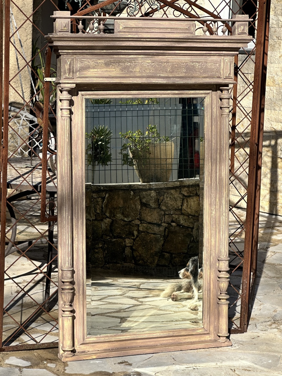 Imposant Miroir de cheminée en bois sculpté et peint Époque XIX eme siècle.-photo-8