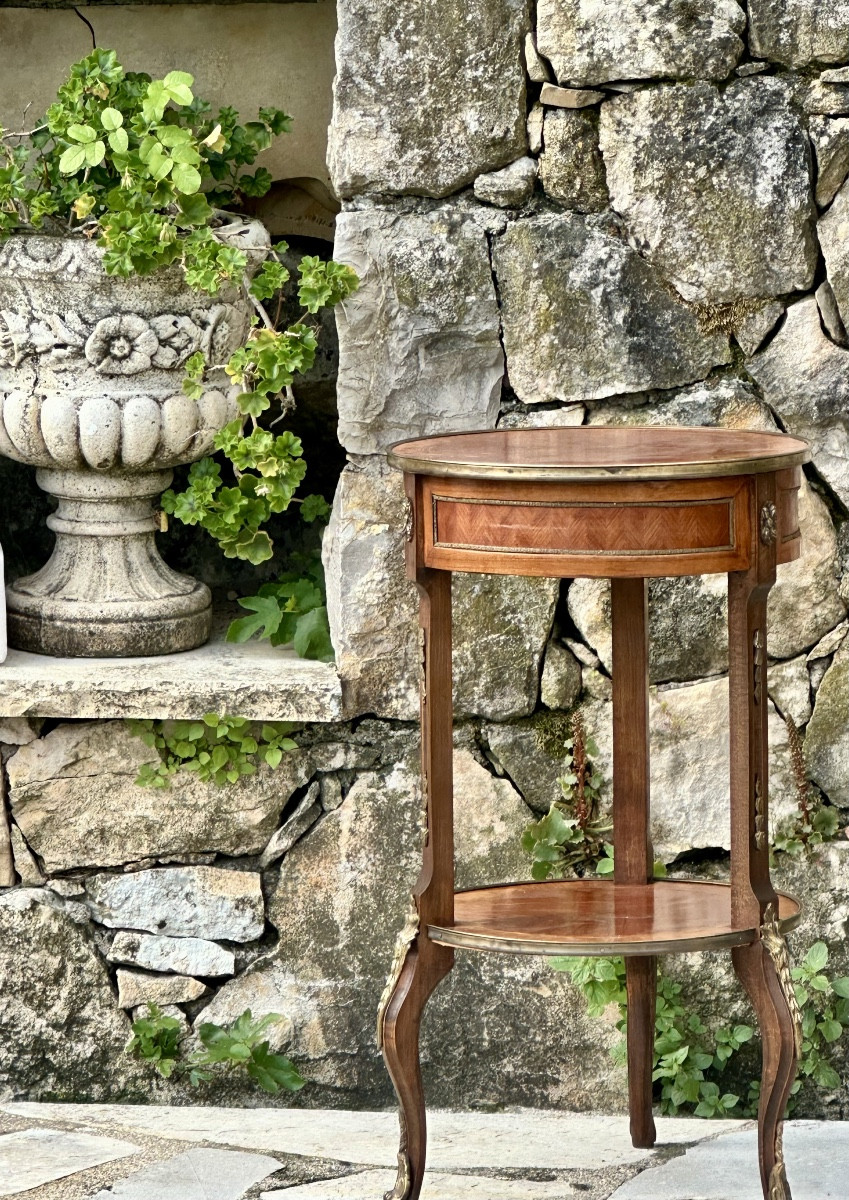 Small Louis XV Style Marquetry Pedestal Table, 20th Century..