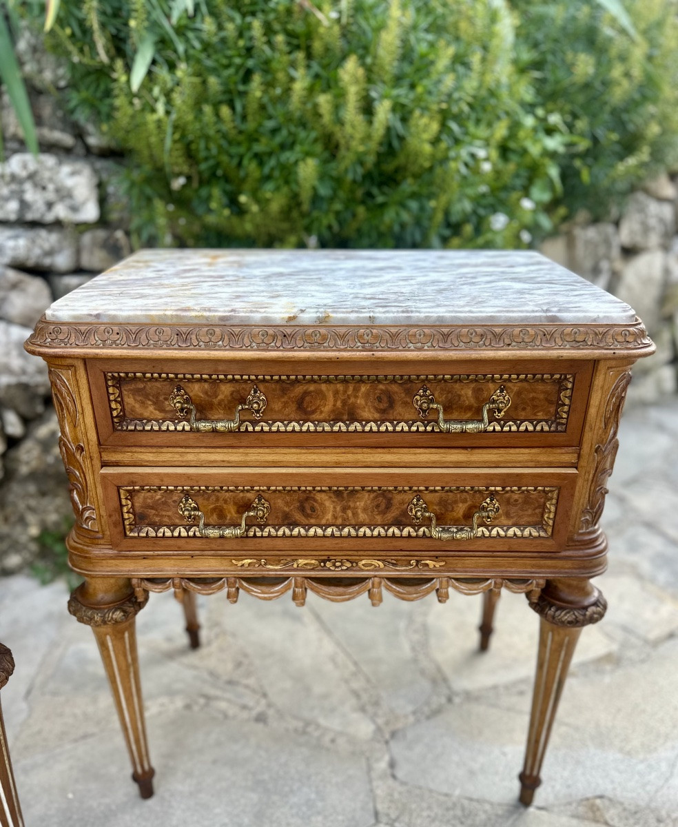 Pair Of Small Louis XVI Style Burrwood Chests Of Drawers Or Bedside Tables, 20th Century.-photo-2