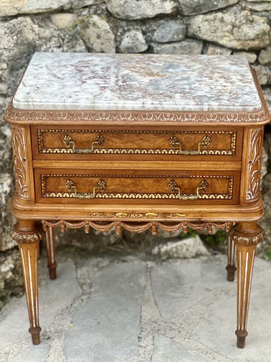 Pair Of Small Louis XVI Style Burrwood Chests Of Drawers Or Bedside Tables, 20th Century.-photo-3